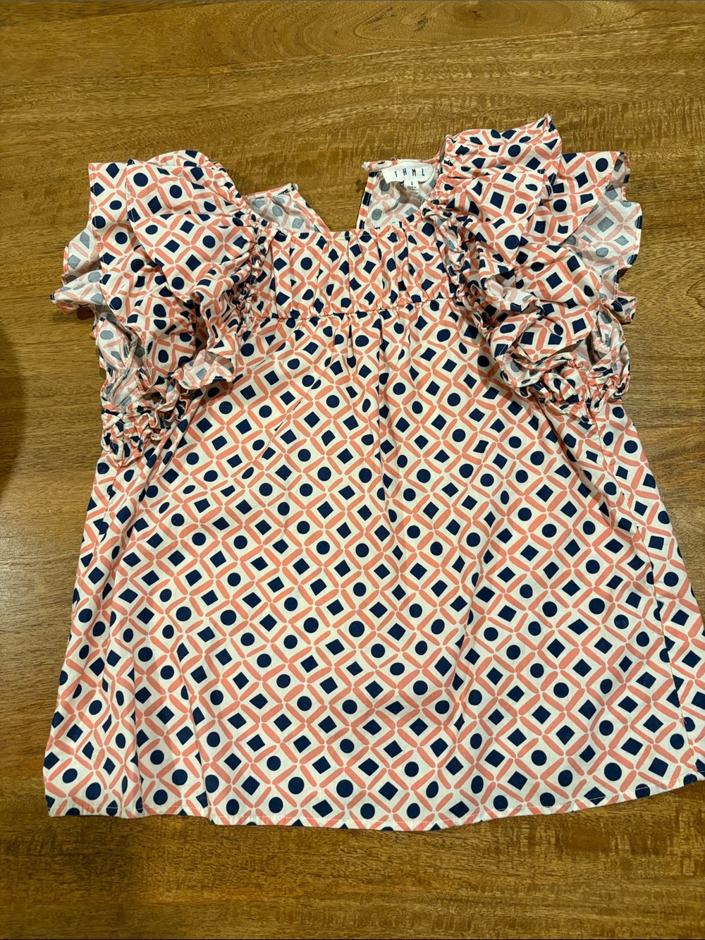 THML Pink and Navy Geometric Ruffle Blouse